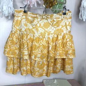 Top Shop Womens Floral Embroidered Belted Tiered Mini Skirt Yellow White Size 8